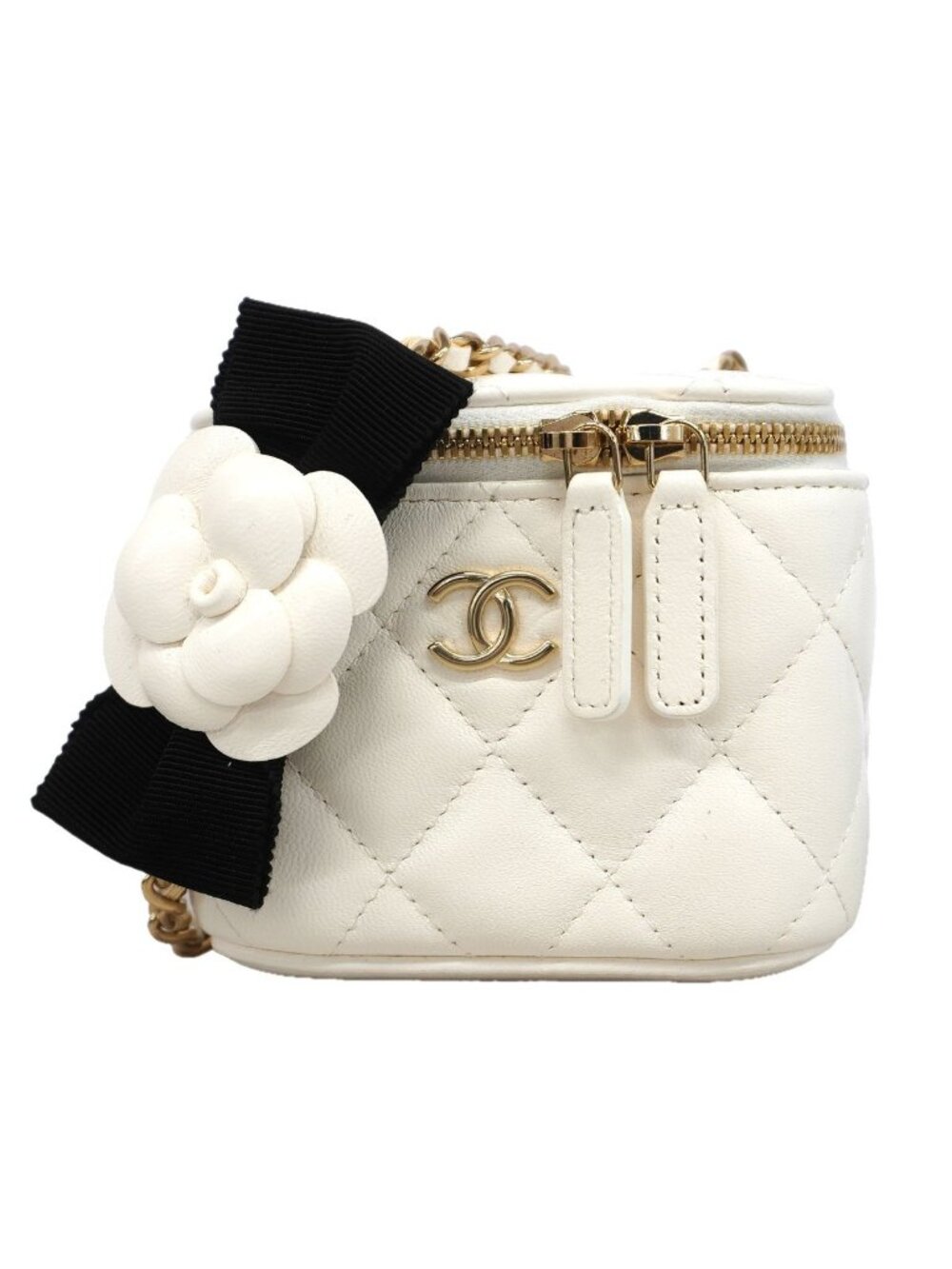 Chanel Vanity Bag Quilted Lambskin White Champagne Gold